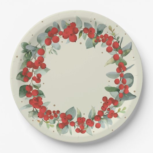 Red Berry Christmas Wreath Holiday Party Pappteller (Vorderseite)