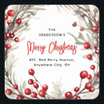 Red Berry Christmas Wreath Rücksendeadresse Quadratischer Aufkleber<br><div class="desc">Nehmen Sie sich die Mühe,  dieses Jahr Weihnachtskarten mit diesen festlichen Rücksendeadressen-Aufklebern der Roten Beere zu versenden. Mit einem Aquarellkranz aus roten Beeren und botanischem Blattwerk. Das kalligraphische Skript und eine Rücksendeaufklebervorlage können leicht angepasst werden.</div>