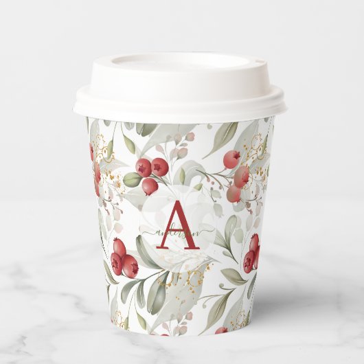 Red Berry Cranberry Branches Mit Monogramm Weihnac Pappbecher (Vorderseite)