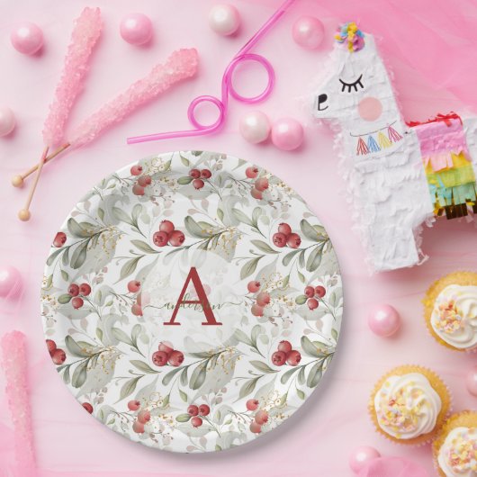 Red Berry Cranberry Branches Mit Monogramm Weihnac Pappteller (Party)