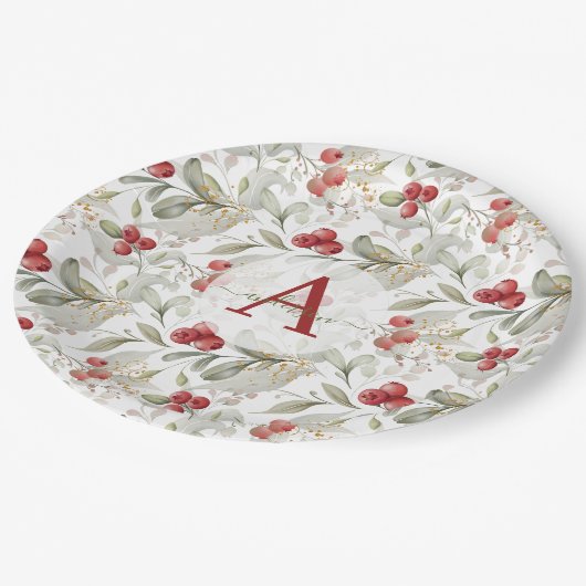 Red Berry Cranberry Branches Mit Monogramm Weihnac Pappteller (Schrägansicht)