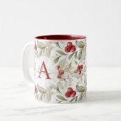 Red Berry Cranberry Branches Mit Monogramm Weihnac Zweifarbige Tasse (Vorderseite Links)