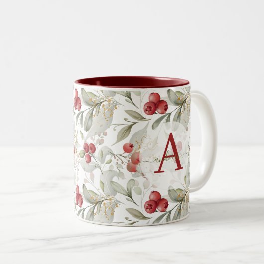 Red Berry Cranberry Branches Mit Monogramm Weihnac Zweifarbige Tasse (VorderseiteRechts)