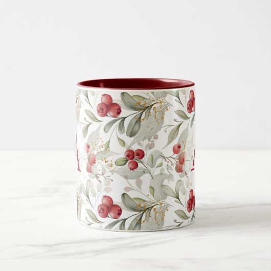 Red Berry Cranberry Branches Mit Monogramm Weihnac Zweifarbige Tasse (Mittel)