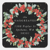 Red Berry+Eucalyptus Holiday Wreath Adresse Quadratischer Aufkleber (Vorderseite)