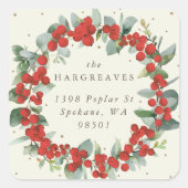 Red Berry+Eucalyptus Holiday Wreath Adresse Quadratischer Aufkleber (Vorderseite)