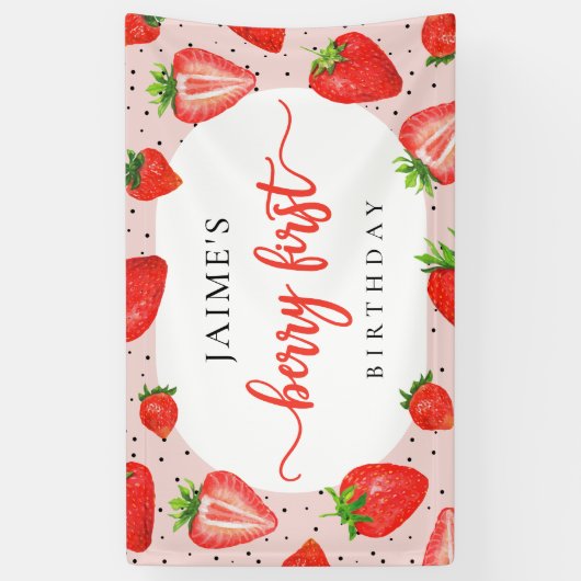 Red Berry First Birthday Strawberry Girl Birthday Banner (Vertikal)