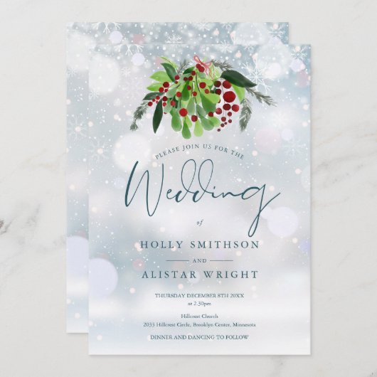 Red Berry Floral QR Code Winter Wedding Einladung (Vorne/Hinten)