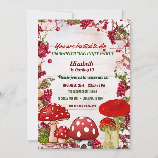 Red Berry Garden Toadstool Kinderparty Einladung (Vorderseite)