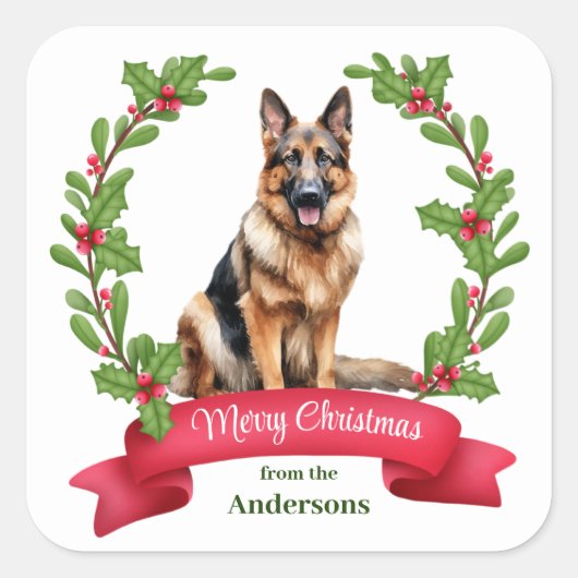 Red Berry Holly Banner German Shepherd Weihnachten Quadratischer Aufkleber (Vorderseite)