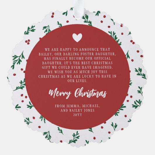 Red Berry Pattern Erste Weihnachtsfamilie Adoptier Ornament Karte (Rückseite)