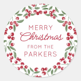 Red Berry Sprig Frame Merry Christmas Runder Aufkleber