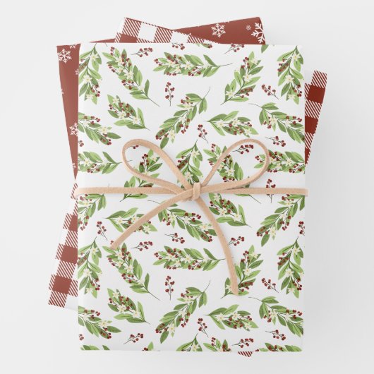 Red Berry Twigs Snowflakes Holiday Patterns Geschenkpapier Set (Beispiel)