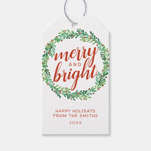 Red Berry Wreath Merry & Bright Geschenkanhänger (Vorderseite)