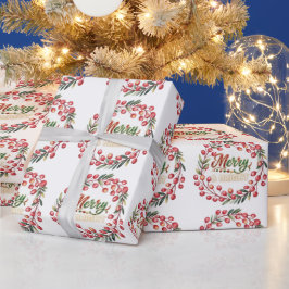 Red Berry Wreath Merry & Bright Geschenkpapier