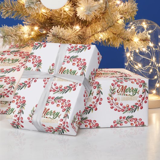 Red Berry Wreath Merry & Bright Geschenkpapier (Feiertage)