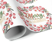 Red Berry Wreath Merry & Bright Gold Snowflakes Geschenkpapier (Rolleneckpunkt)