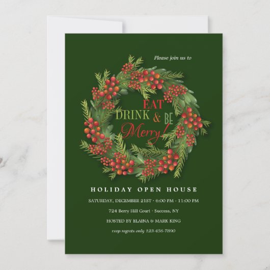 Red Berry Wreath Open House Feiertagskarte (Vorderseite)