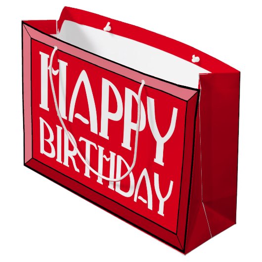 Red Beveled Happy Birthday Art Deco Große Geschenktüte (Rückseite Schrägansicht)
