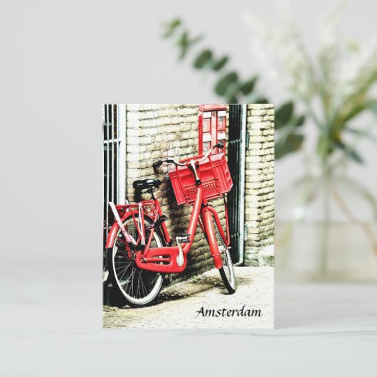Red Bicycle & Amsterdam, Urlaub Niederlande Postkarte (Stehend Vorderseite)
