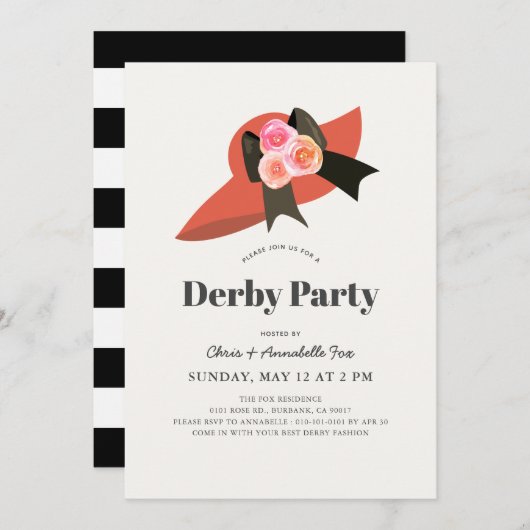 Red Big Hat Rose Derby Party Einladung (Vorne/Hinten)