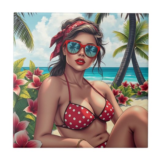 Red Bikini, Sonnenbrille und Bandana Frau Fliese (Vorderseite)
