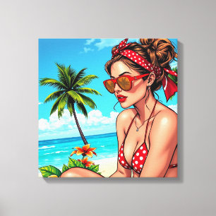 Red Bikini, Sonnenbrille und Bandana Frau Leinwanddruck