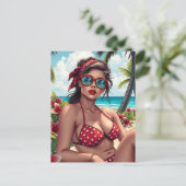 Red Bikini, Sonnenbrille und Bandana Frau Postkarte (Stehend Vorderseite)