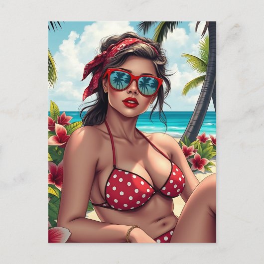 Red Bikini, Sonnenbrille und Bandana Frau Postkarte (Vorderseite)