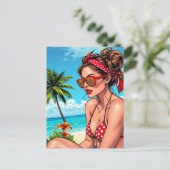 Red Bikini, Sonnenbrille und Bandana Frau Postkarte (Stehend Vorderseite)