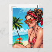 Red Bikini, Sonnenbrille und Bandana Frau Postkarte (Vorne/Hinten)
