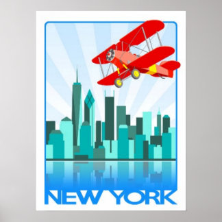 Red Biplane über New York Retro Design Poster