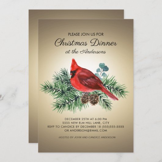 Red Bird Kardinal Pine Branches Weihnachtsessen Einladung (Vorne/Hinten)