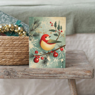Red Bird Snowy Branch Holly Snowflakes Vintag Feiertagskarte