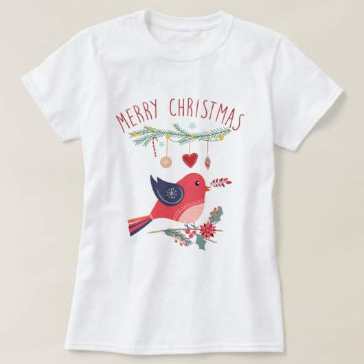 Red Bird & Wreath Skandinavien WeihnachtsFolklorek T-Shirt (Design vorne)