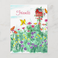 Red Birdhouse Butterfly Flower Garden Friends