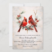 Red Birds on Snowy Pine Branch, Red Berries | Einladung (Vorderseite)
