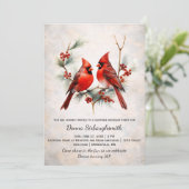 Red Birds on Snowy Pine Branch, Red Berries |  Einladung (Stehend Vorderseite)
