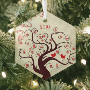 Red Birds Swirl Tree Christmas Ornament Aus Glas