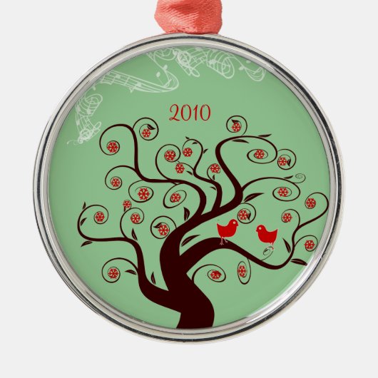 Red Birds Swirl Tree Christmas Ornament Aus Metall (Vorne)