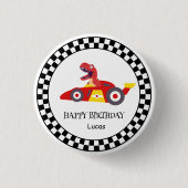Red Birthday Dinosaurier Rennfahrer Kindername Button (Vorderseite)
