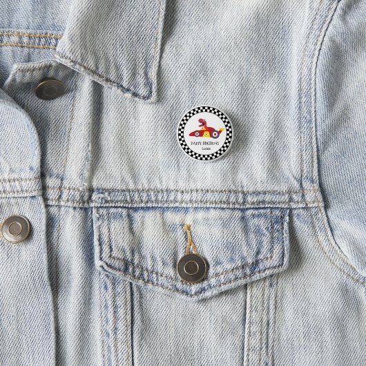 Red Birthday Dinosaurier Rennfahrer Kindername Button (Beispiel)