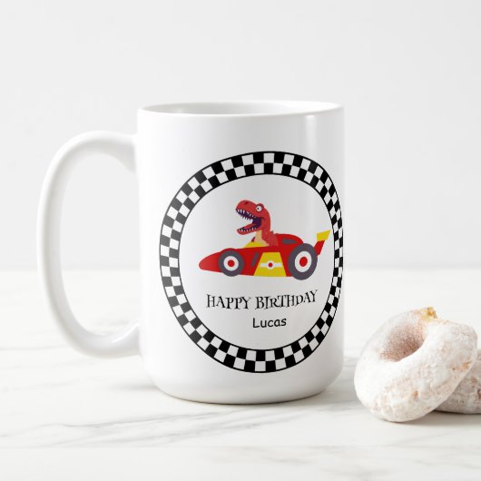 Red Birthday Dinosaurier Rennfahrer Kindername Kaffeetasse (Mit Donut)