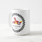 Red Birthday Dinosaurier Rennfahrer Kindername Kaffeetasse (Vorderseite Links)
