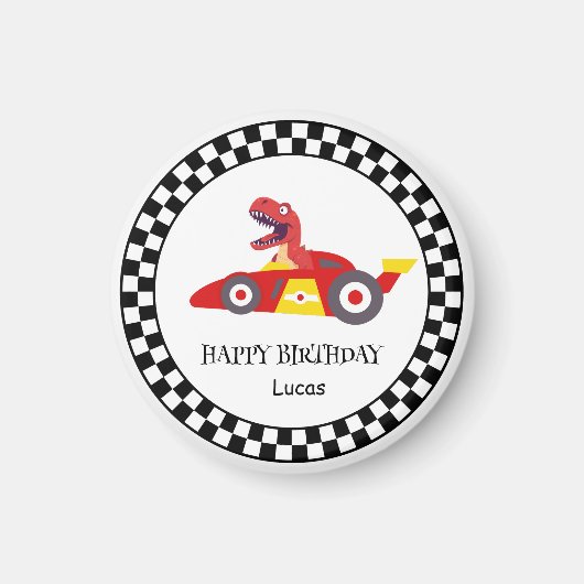 Red Birthday Dinosaurier Rennfahrer Kindername Magnet (Vorne)