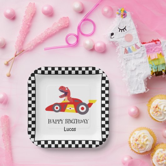 Red Birthday Dinosaurier Rennfahrer Kindername Pappteller (Party)