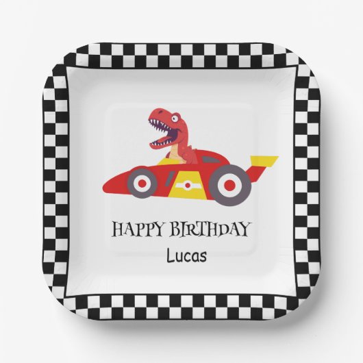 Red Birthday Dinosaurier Rennfahrer Kindername Pappteller (Vorderseite)
