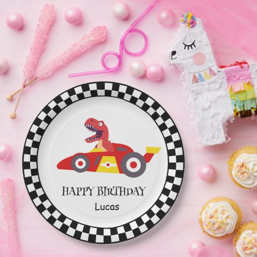 Red Birthday Dinosaurier Rennfahrer Kindername Pappteller (Party)