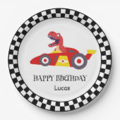 Red Birthday Dinosaurier Rennfahrer Kindername Pappteller (Vorderseite)