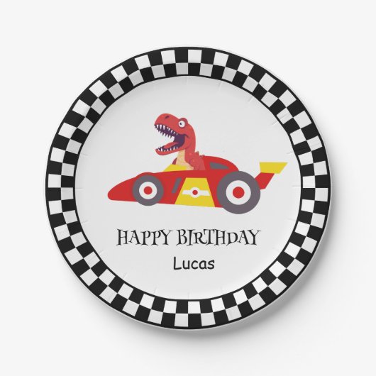 Red Birthday Dinosaurier Rennfahrer Kindername Pappteller (Vorderseite)